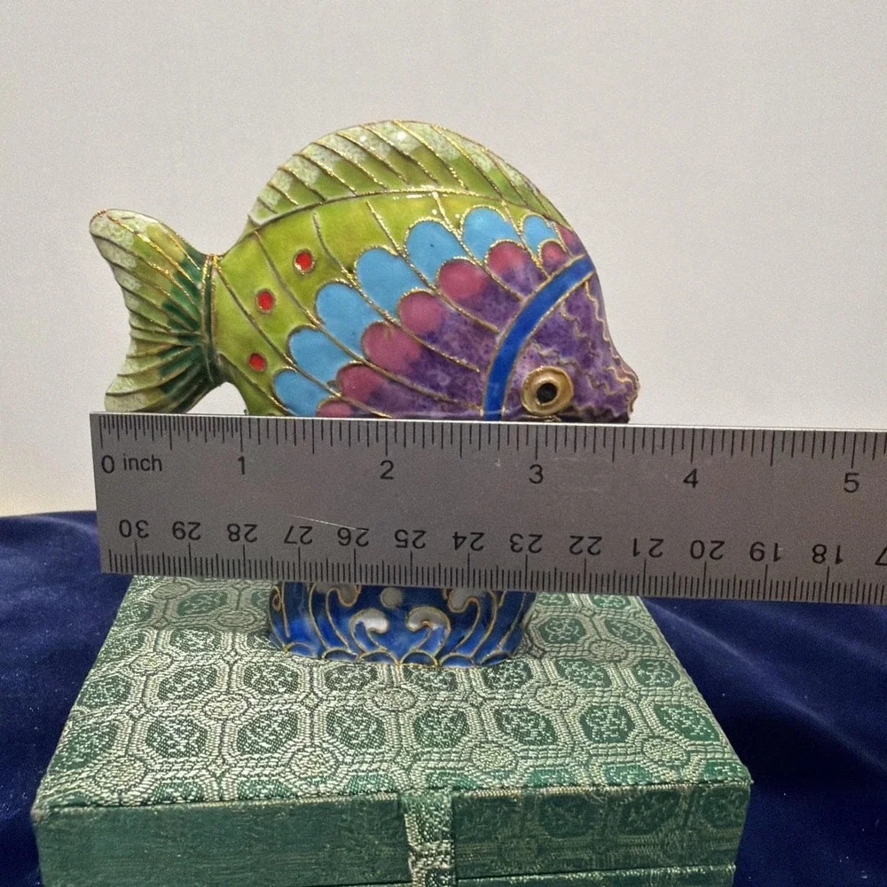 Green Cloisonne Tropical Fish on Attached Stand by D S Starr Oriental Treasures